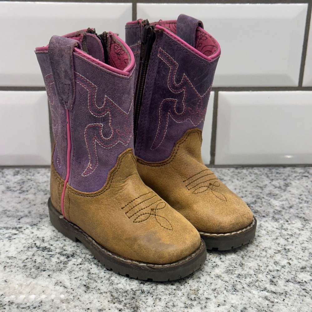 Smoky Mountain Toddler 4 R Cowboy Boots Tan Purple Pink Zip Western Cowgirl